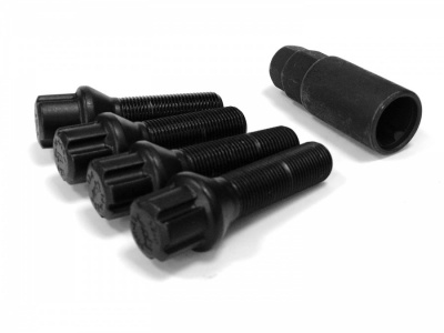 BMW & MINI 14x1.25 Tapered TPi Black Eco lock bolts in 2 lengths (40mm x2 and 45mm x 2) for use with 12mm & 15mm spacer kits